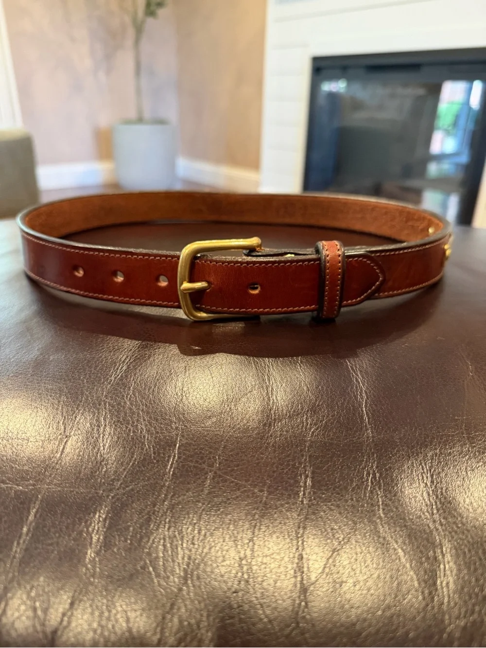 VKN Personalized Brown Leather Belt with Brass Nameplate